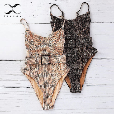 Push up snake print woman swimsuit one piece monokini Buckle