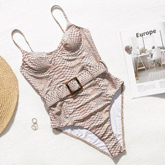 Push up snake print woman swimsuit one piece monokini Buckle
