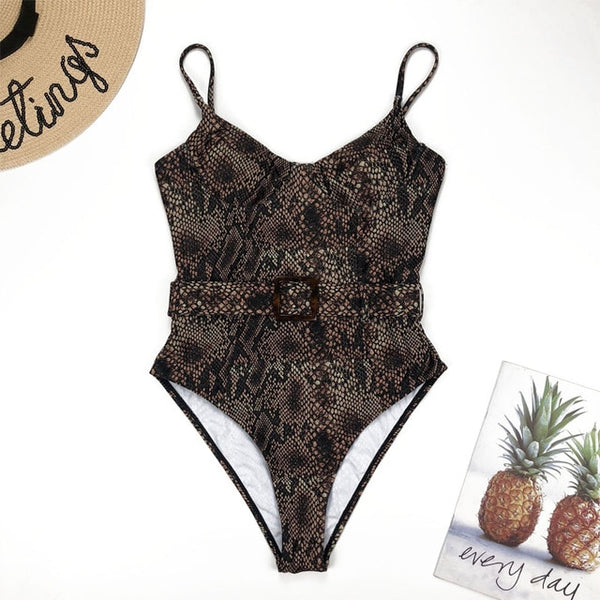 Push up snake print woman swimsuit one piece monokini Buckle