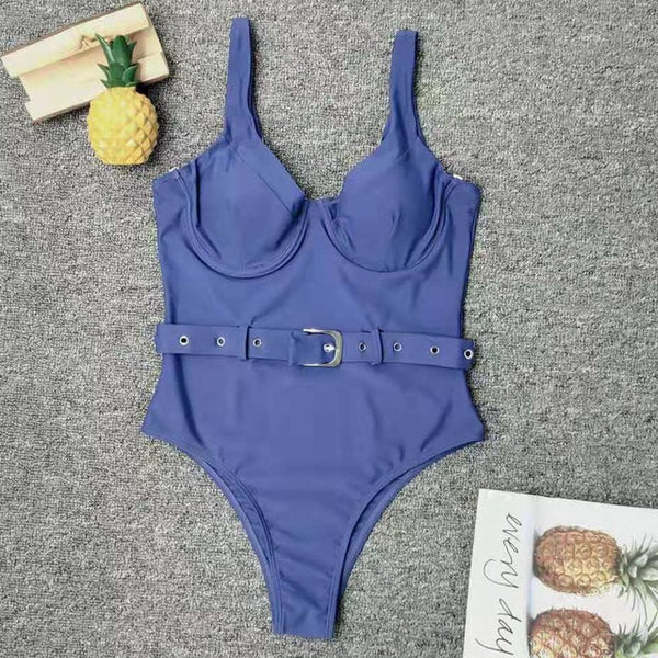 Women Blue Swimwear Sexy Push Up One Piece Swimsuit