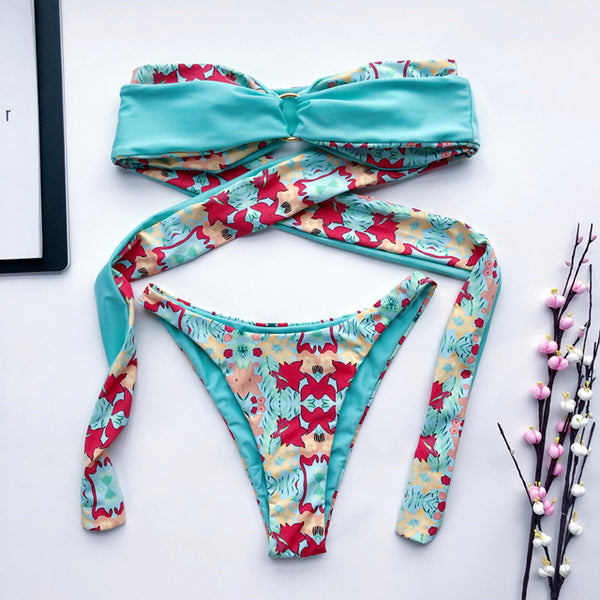 Sexy micro bikini set Print swimsuit female Bandeau high cut swimwear