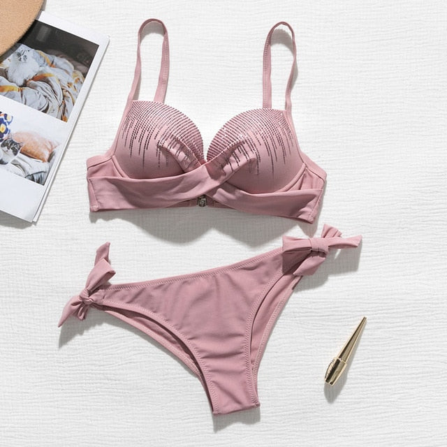 Sexy Rhinestone bikini Push up swimsuit female Knot bathing suit
