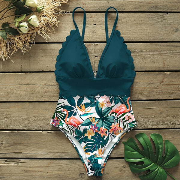 Sexy One Piece Swimsuits Female Shoulder Floral Women Swimwear