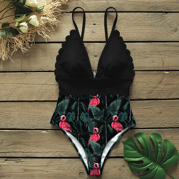 Sexy One Piece Swimsuits Female Shoulder Floral Women Swimwear