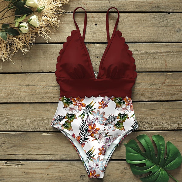 Sexy One Piece Swimsuits Female Shoulder Floral Women Swimwear