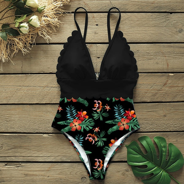 Sexy One Piece Swimsuits Female Shoulder Floral Women Swimwear