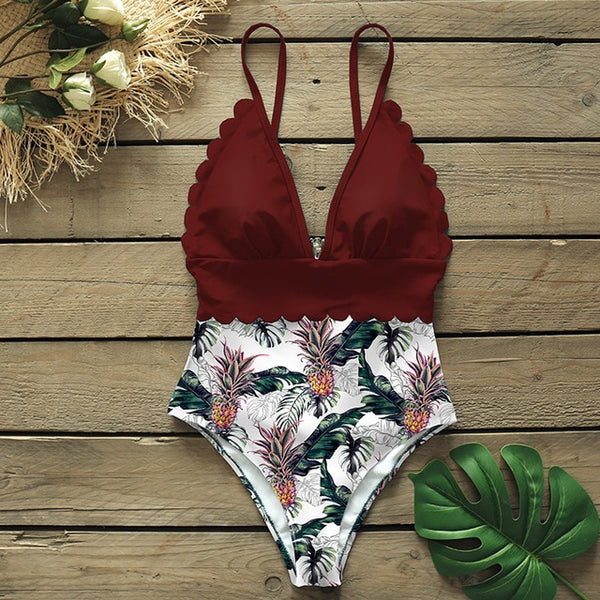 Sexy One Piece Swimsuits Female Shoulder Floral Women Swimwear