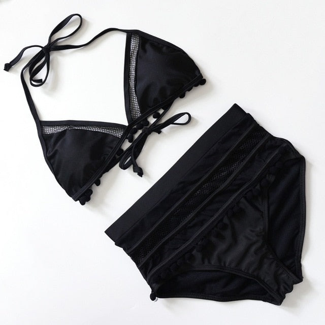 Sexy Halter Retro Mesh Hollow Out String Biquini Bathing Suit Female