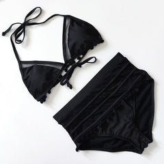 Sexy Halter Retro Mesh Hollow Out String Biquini Bathing Suit Female