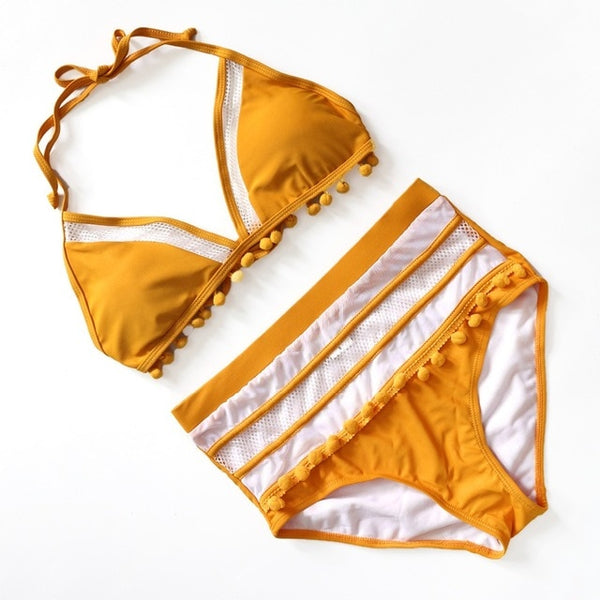 Sexy Halter Retro Mesh Hollow Out String Biquini Bathing Suit Female
