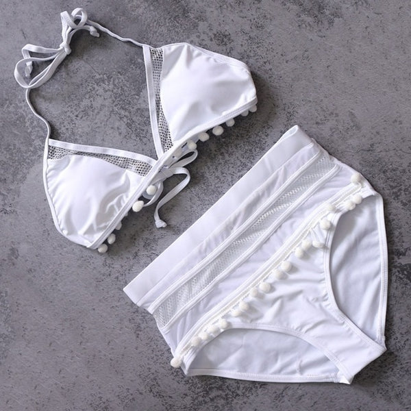 Sexy Halter Retro Mesh Hollow Out String Biquini Bathing Suit Female