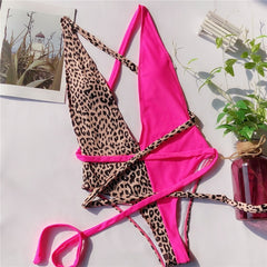 Leopard print one piece swimsuit female Deep v-neck bikini