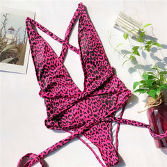 Leopard print one piece swimsuit female Deep v-neck bikini