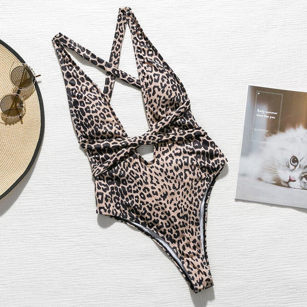 Leopard print one piece swimsuit female Deep v-neck bikini