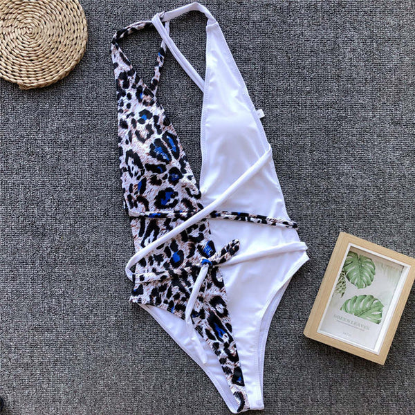 Leopard print one piece swimsuit female Deep v-neck bikini