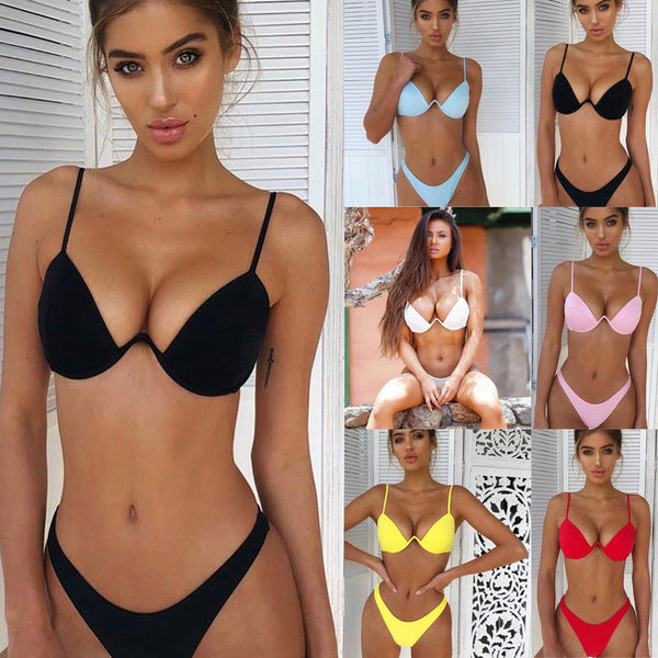 Women Fashion Padded Bra Bikini Set Swimsuit Ladies Solid