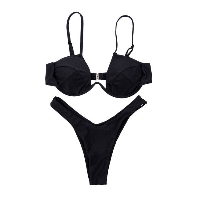 Women Fashion Padded Bra Bikini Set Swimsuit Ladies Solid