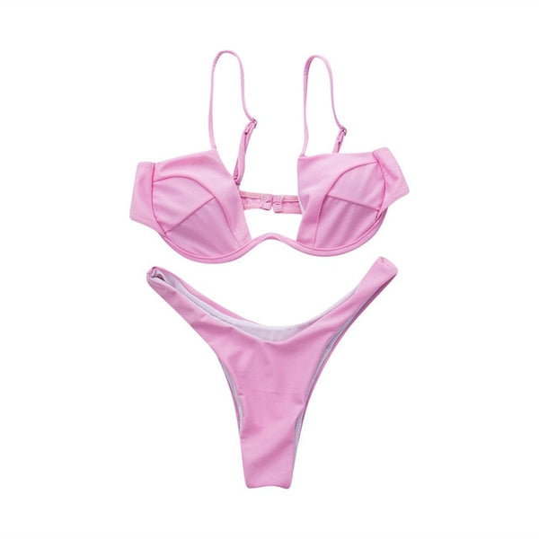 Women Fashion Padded Bra Bikini Set Swimsuit Ladies Solid