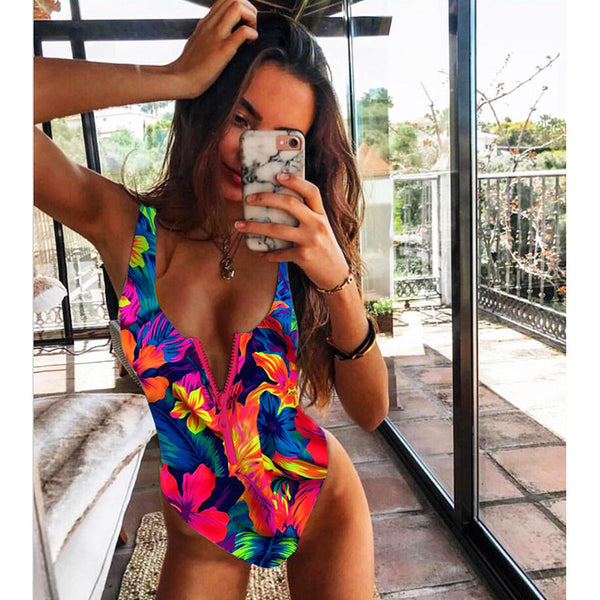 New Sexy Zipper One Piece Swimsuit Women Swimwear Push Up Monokini