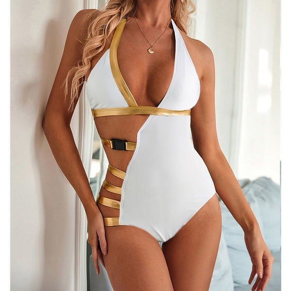 New Sexy White One Piece Swimsuit Women Cut Out Swimwear Push Up