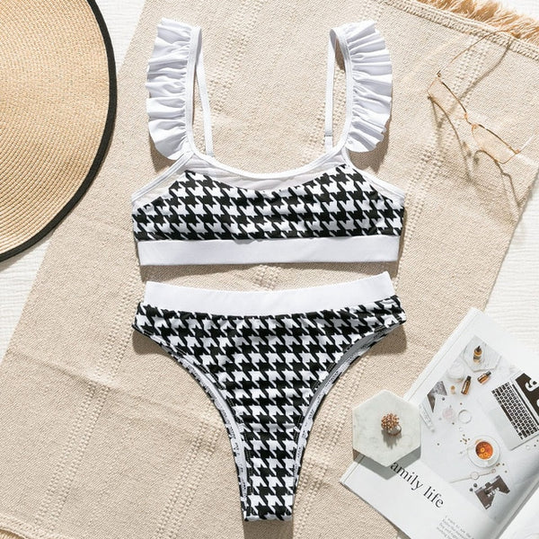 Peachtan High waist swimsuit female Plaid mesh bikini set