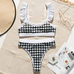 Peachtan High waist swimsuit female Plaid mesh bikini set
