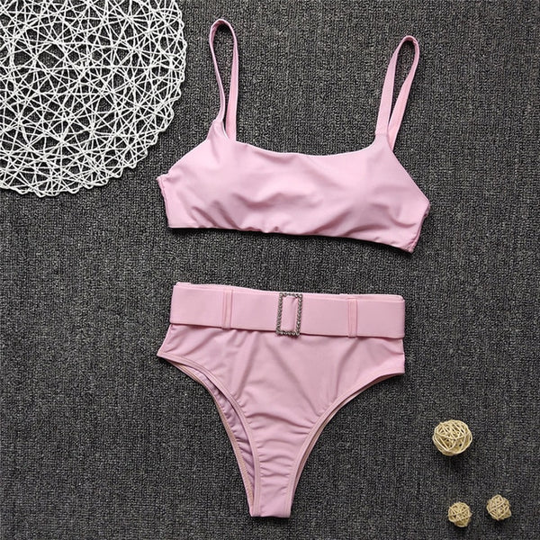 Peachtan High waist swimsuit female Plaid mesh bikini set