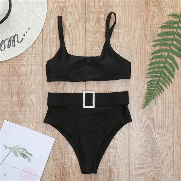 Peachtan High waist swimsuit female Plaid mesh bikini set