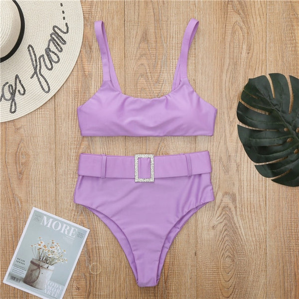 Peachtan High waist swimsuit female Plaid mesh bikini set
