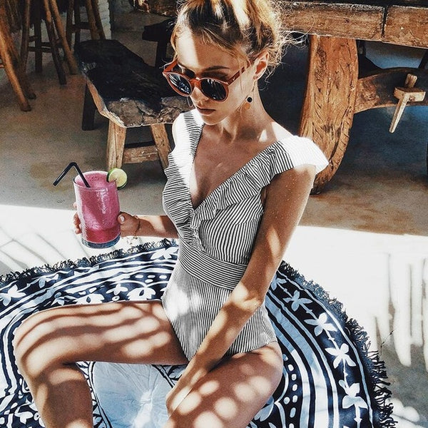 Sexy traje de baño a rayas para mujeres push up de una pieza traje de baño
