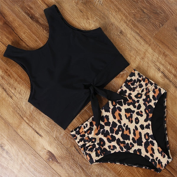 Bikini de cintura alta, traje de baño de leopardo para mujer, Bikini